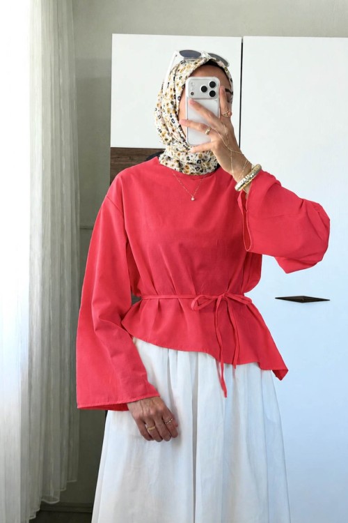 Asimetrik Poplin Bluz Kırmızı