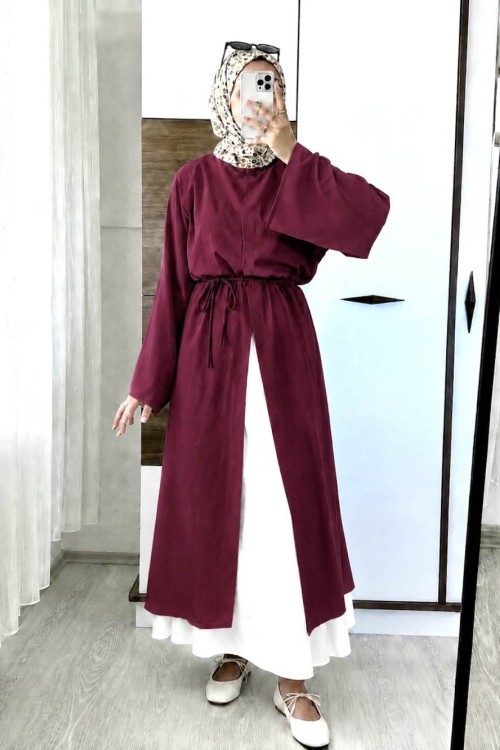 Yırtmaçlı Poplin Elbise Bordo