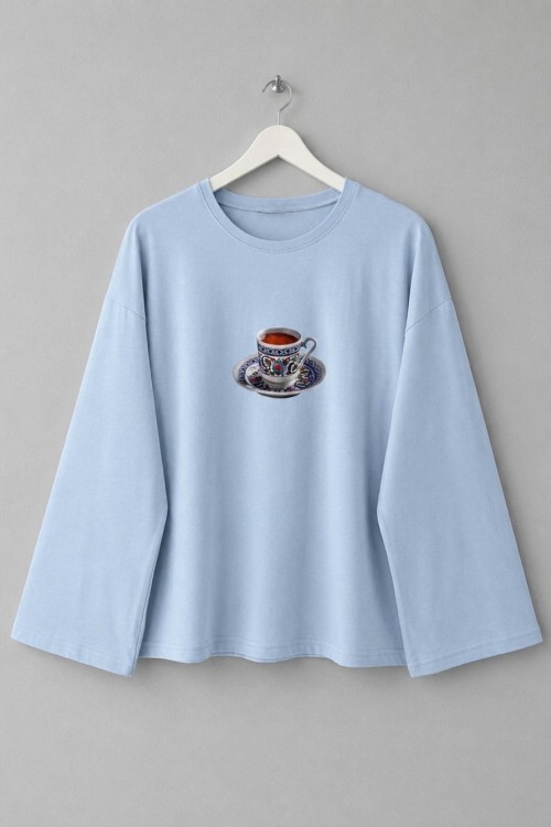 Fincan Baskılı Penye Sweatshirt  Mavi