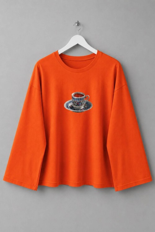 Fincan Baskılı Penye Sweatshirt  Turuncu