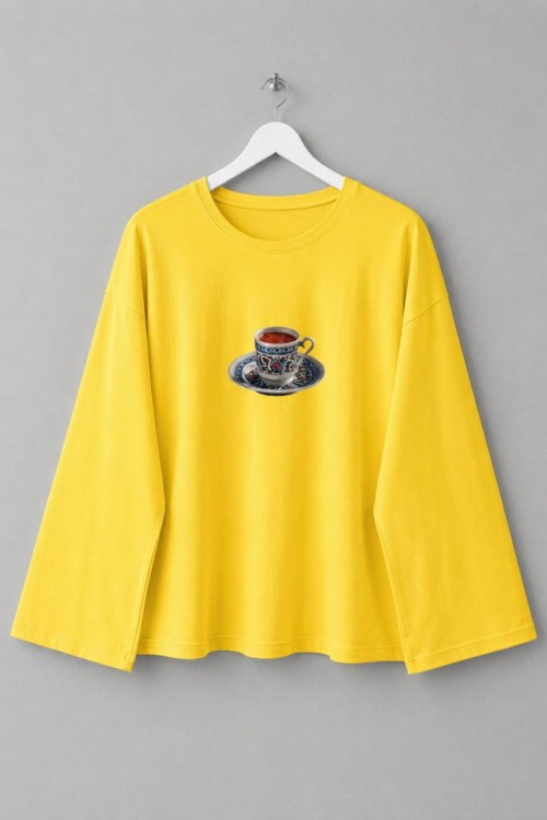 Fincan Baskılı Penye Sweatshirt  Sarı