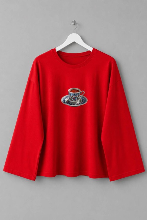 Fincan Baskılı Penye Sweatshirt  Kırmızı