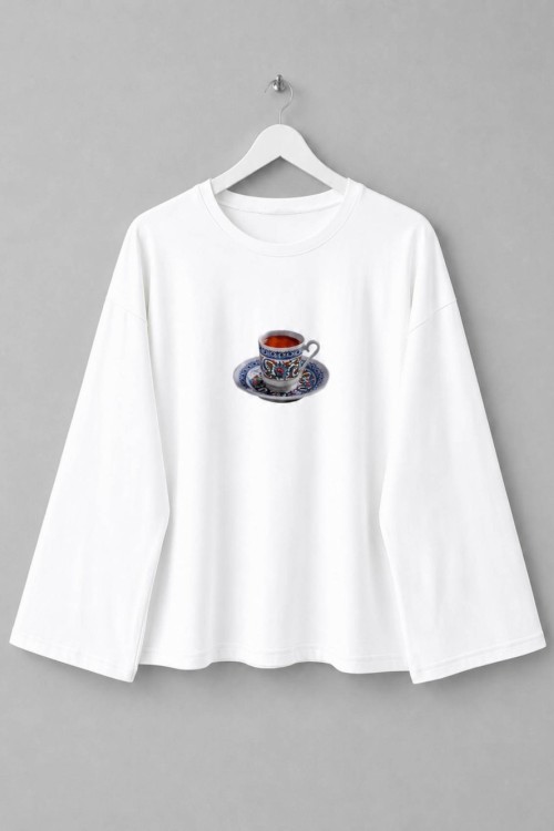 Fincan Baskılı Penye Sweatshirt  Beyaz