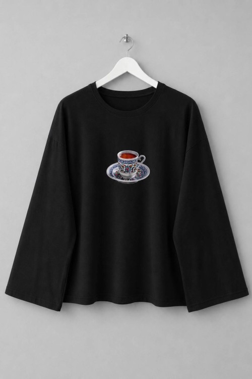 Fincan Baskılı Penye Sweatshirt  Siyah