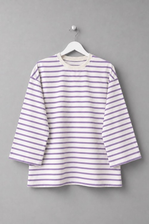 Bisiklet Yaka Çizgili Sweatshirt Lila