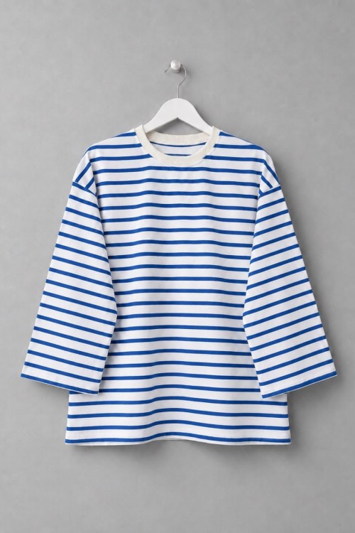 Bisiklet Yaka Çizgili Sweatshirt Saks Mavisi