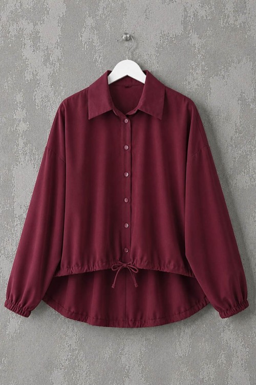 Oversize Büzgülü Gömlek Bordo