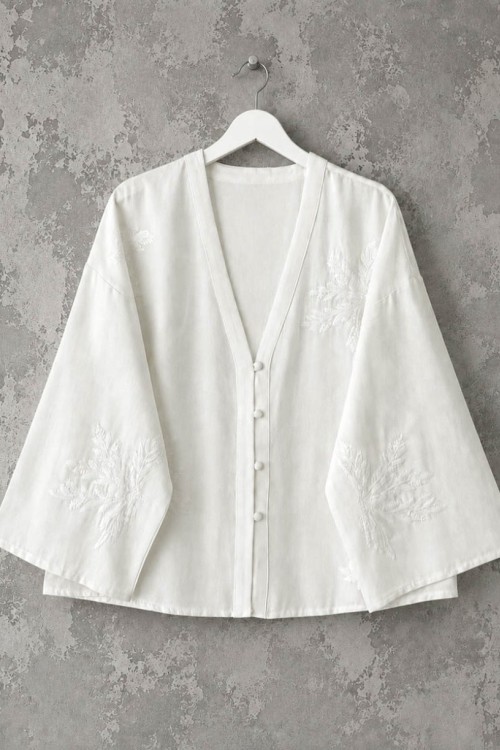  Nakış Detaylı Oversize Keten Kimono Ekru