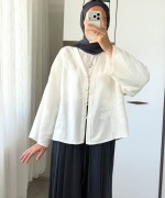  Nakış Detaylı Oversize Keten Kimono Ekru
