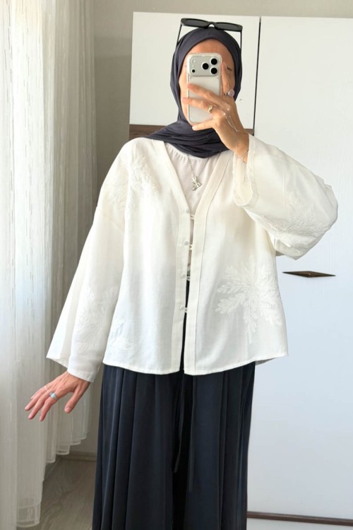  Nakış Detaylı Oversize Keten Kimono Ekru