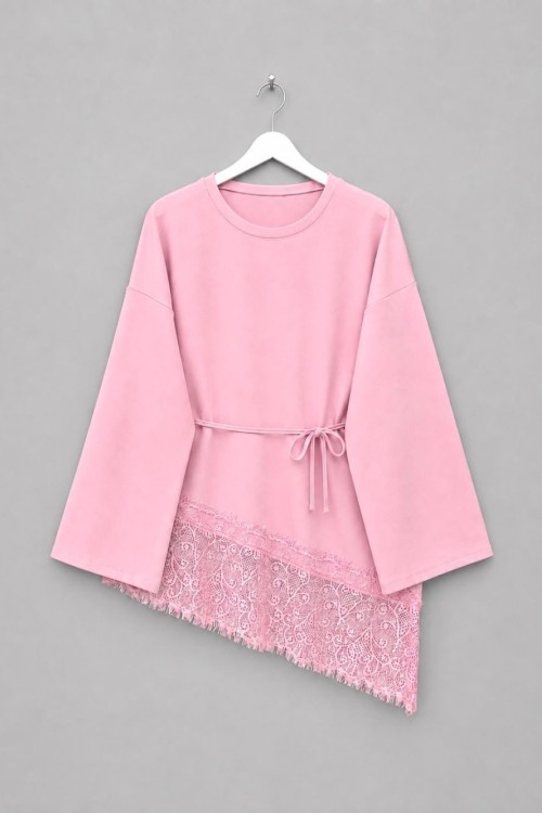 Eteği Dantel Detaylı Bluz Pembe