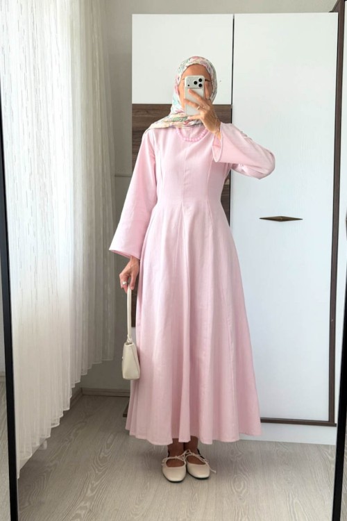 Kuşaklı Keten Elbise Pudra