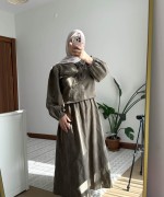 Çiçek Desen Etekli Keten Takım Haki