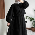 Çiçek Desen Etekli Keten Takım Siyah