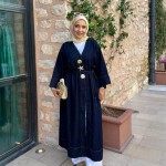 Broşlu Uzun Denim Kap Lacivert