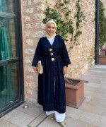 Broşlu Uzun Denim Kap Lacivert