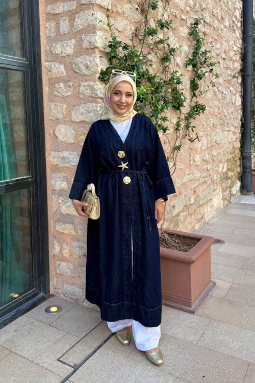 Broşlu Uzun Denim Kap Lacivert