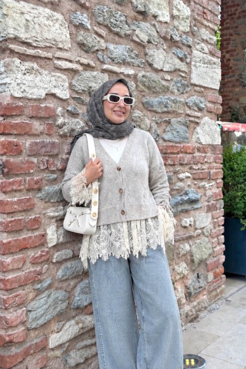 Kolları Büzgülü Dantel Detaylı Hırka Gri