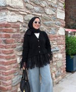 Kolları Büzgülü Dantel Detaylı Hırka Siyah