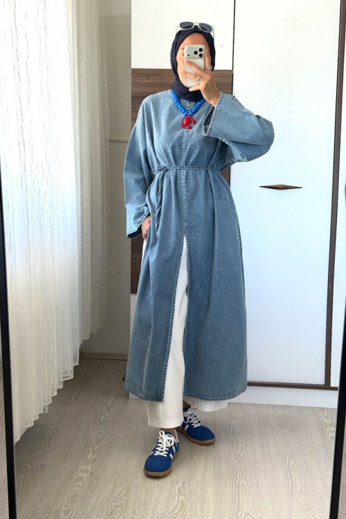 Yırtmaçlı Denim Tunik Kar Mavi