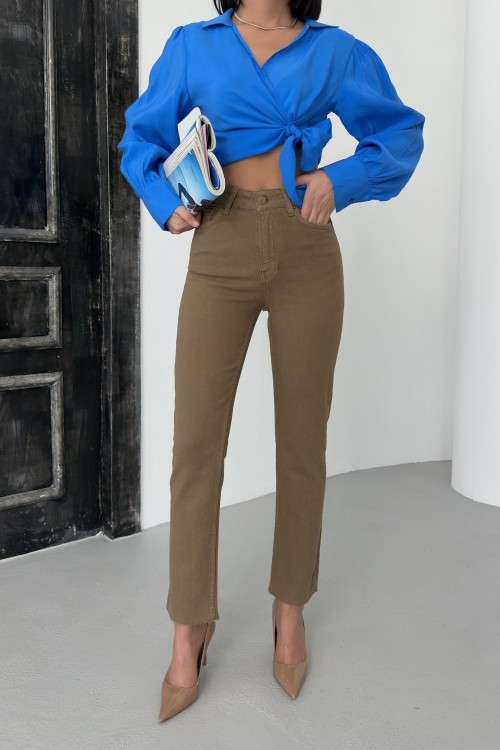 Dikişsiz Paça Mom Fit Kot Pantolon Sütlü Kahve