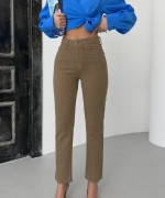 Dikişsiz Paça Mom Fit Kot Pantolon Sütlü Kahve