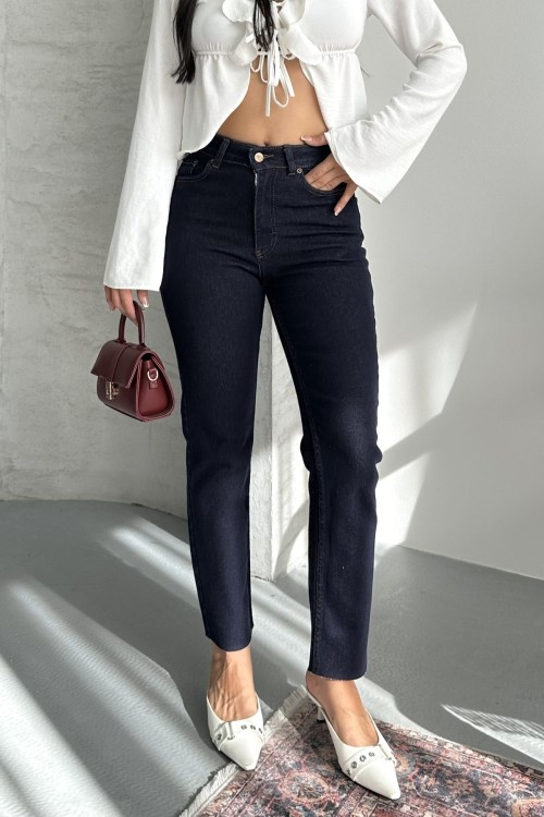 Dikişsiz Paça Mom Fit Kot Pantolon Koyu Lacivert