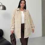Düğmeli Oversize Kot Gömlek Taş