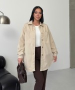 Düğmeli Oversize Kot Gömlek Taş