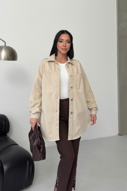 Düğmeli Oversize Kot Gömlek Taş