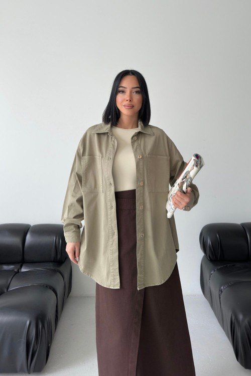 Düğmeli Oversize Kot Gömlek Yeşil