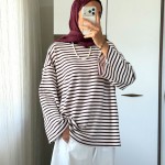 Çizgili Oysho Sweatshirt Mürdüm