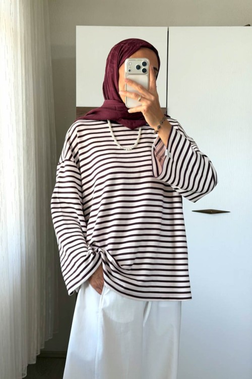 Çizgili Oysho Sweatshirt Mürdüm