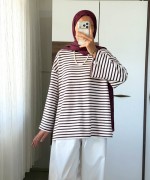 Çizgili Oysho Sweatshirt Mürdüm