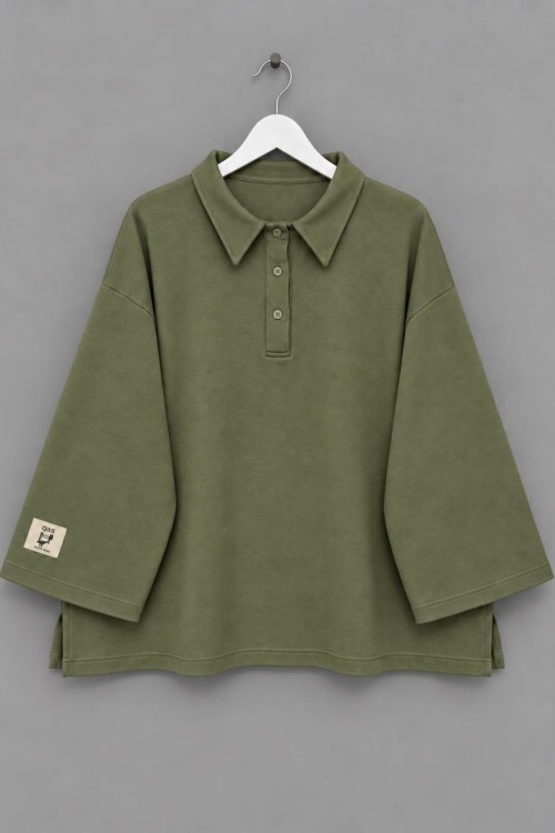 Polo Yaka Armalı Üç İplik Sweatshirt Yeşil