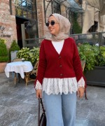 Kolları Büzgülü Dantel Detaylı Hırka Kırmızı