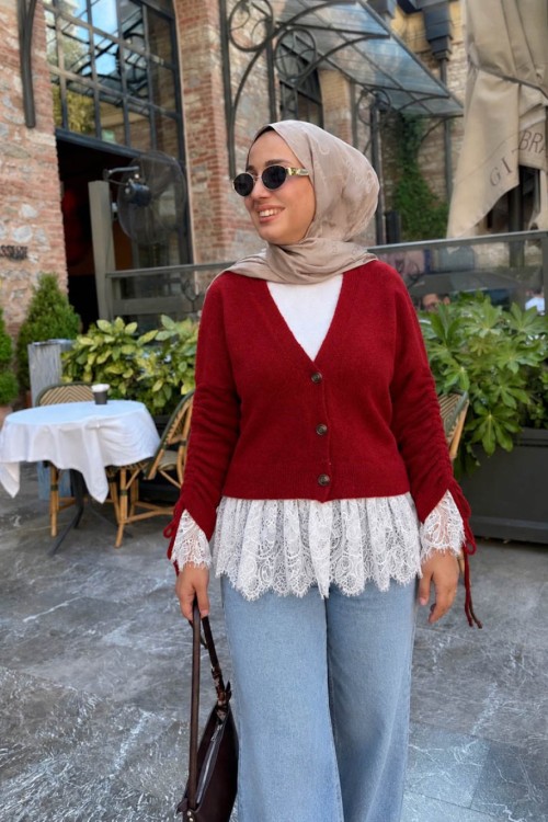 Kolları Büzgülü Dantel Detaylı Hırka Kırmızı