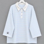 Polo Yaka Çizgili Salaş Sweatshirt Mavi