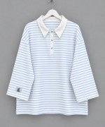 Polo Yaka Çizgili Salaş Sweatshirt Mavi