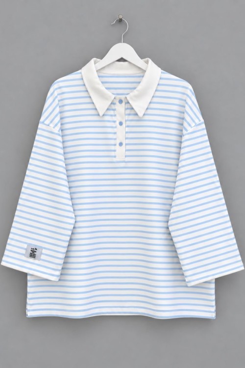 Polo Yaka Çizgili Salaş Sweatshirt Mavi