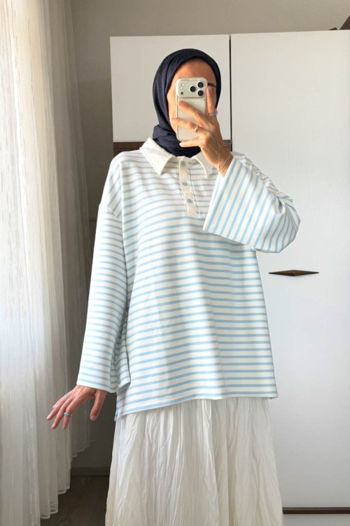 Polo Yaka Çizgili Salaş Sweatshirt Mavi