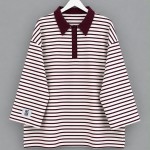 Polo Yaka Çizgili Salaş Sweatshirt Mürdüm