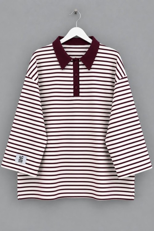 Polo Yaka Çizgili Salaş Sweatshirt Mürdüm