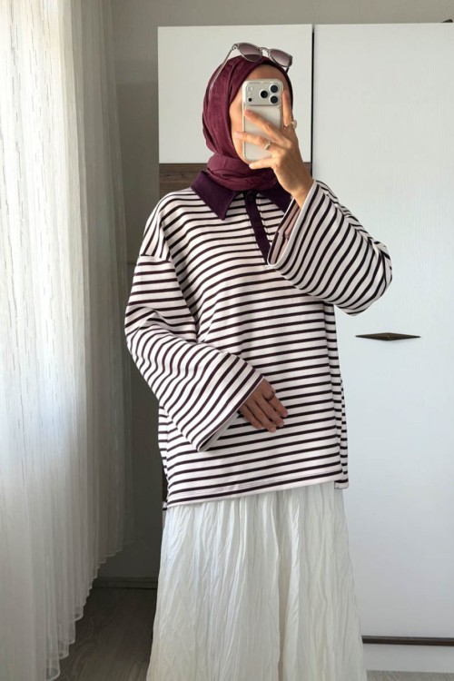Polo Yaka Çizgili Salaş Sweatshirt Mürdüm
