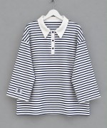 Polo Yaka Çizgili Salaş Sweatshirt Lacivert