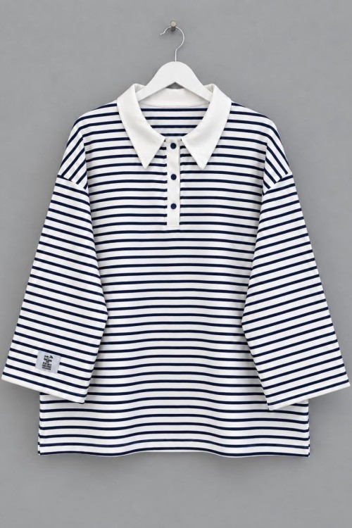 Polo Yaka Çizgili Salaş Sweatshirt Lacivert