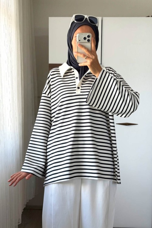 Polo Yaka Çizgili Salaş Sweatshirt Lacivert