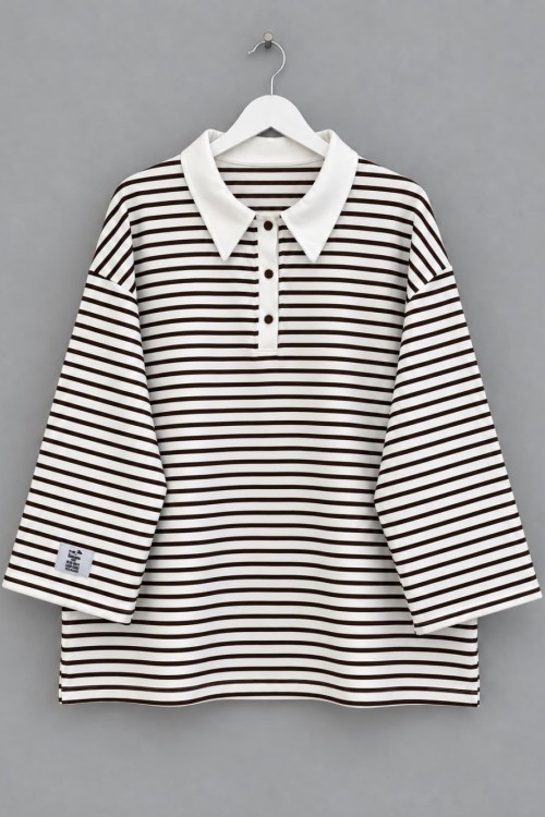 Polo Yaka Çizgili Salaş Sweatshirt Kahverengi