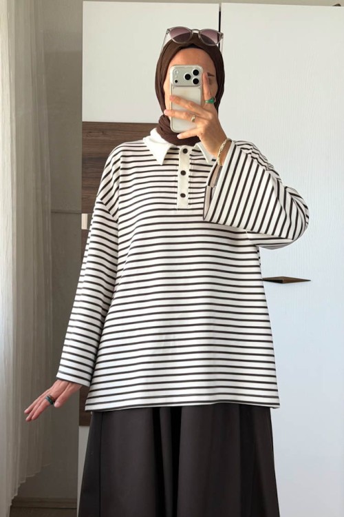 Polo Yaka Çizgili Salaş Sweatshirt Kahverengi