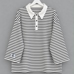 Polo Yaka Çizgili Salaş Sweatshirt Siyah